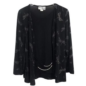 Sherri Martin NY Petites Women's Size 12P Black Glitter Dragon Fly Print Top